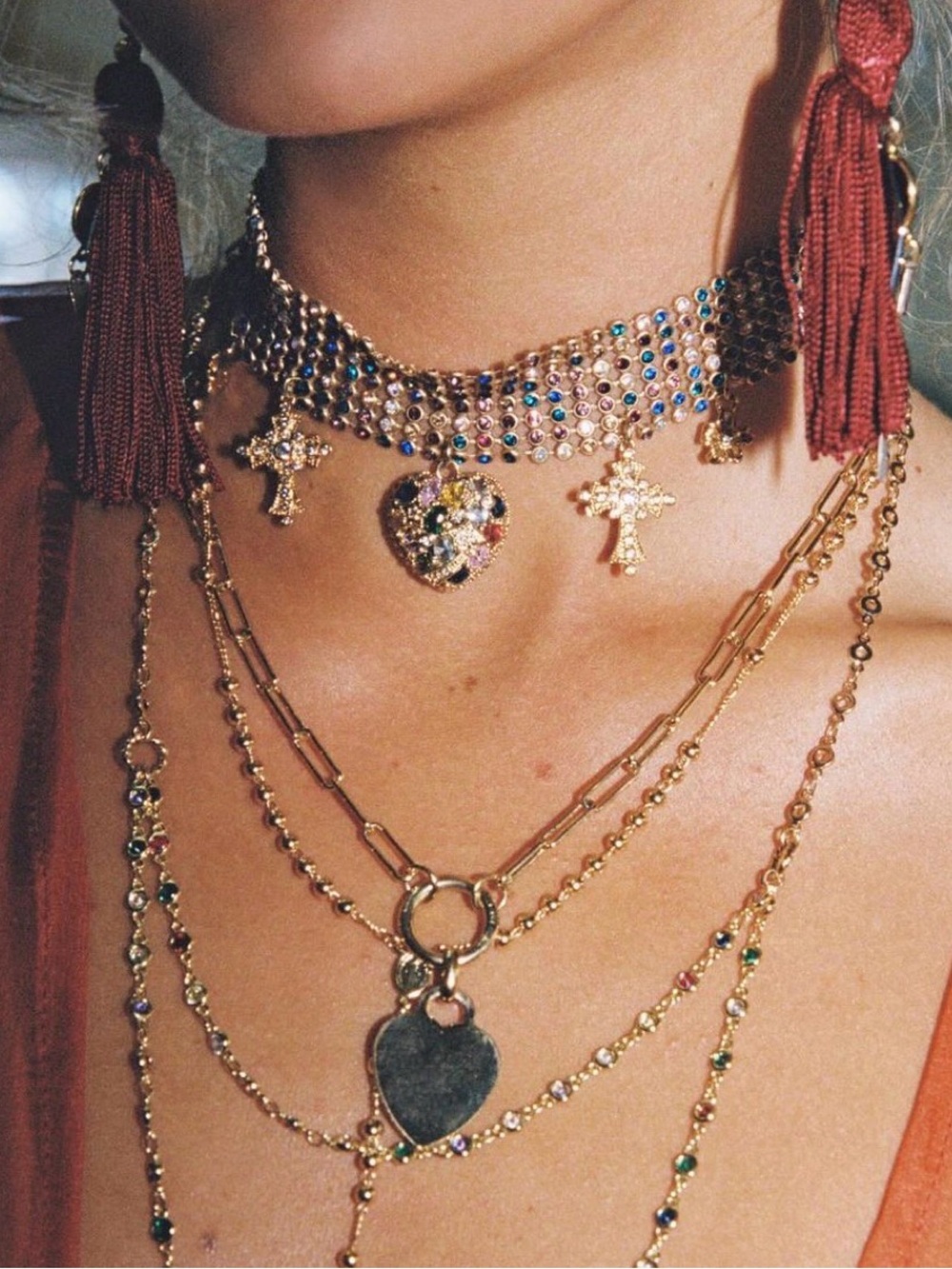 Vanessa Mooney Nikita 24K Gold Multicolor Stone Choker with Heart & Cross Charms